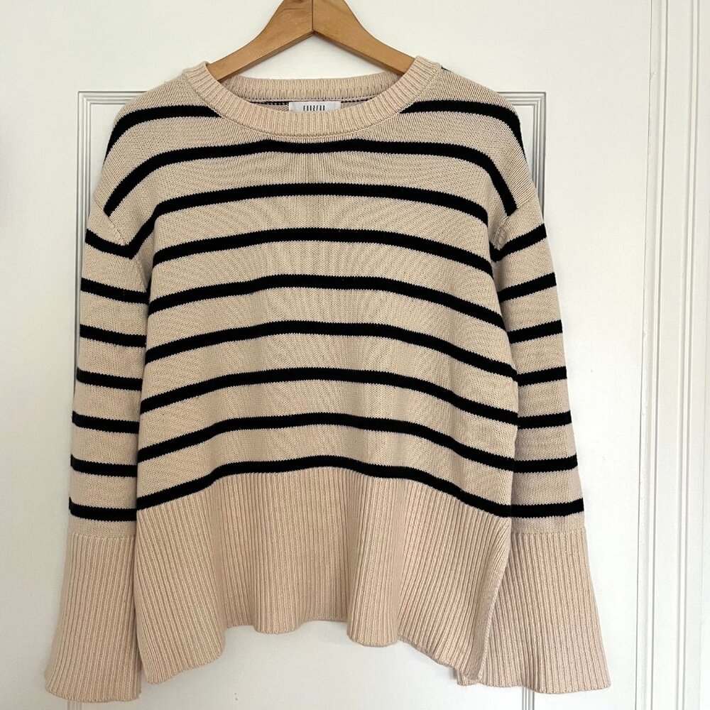100% Cotton Cream and Black Striped Sweater with Split Hem | Size S/M - Picture 1 of 5